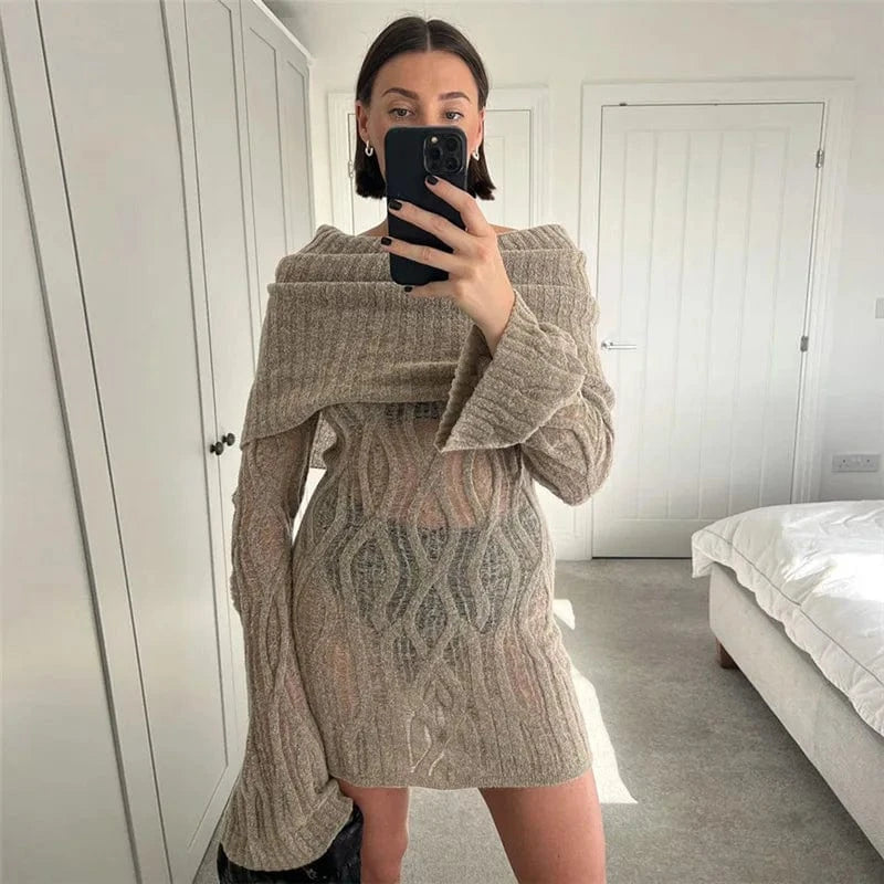 Liu Ming Hot Selling Streetwear 2024 Women Sexy Off Shoulder Long Sleeve Knitted Patchwork Midnight Party Slim Mini Dresses
