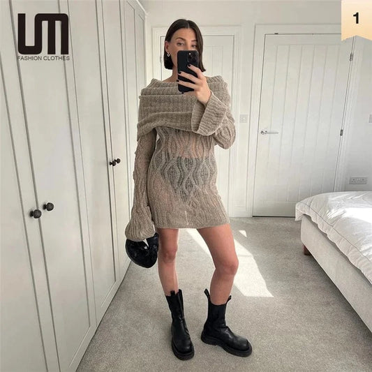 Liu Ming Hot Selling Streetwear 2024 Women Sexy Off Shoulder Long Sleeve Knitted Patchwork Midnight Party Slim Mini Dresses