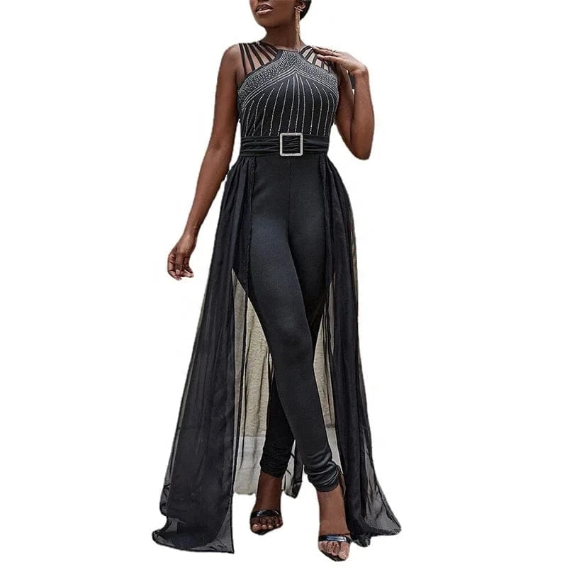 Liu Ming Hot Selling Women Streetwear Casual Sleeveless Rhinestone Skinny Bodycon Playsuit Romper Jumpsuit