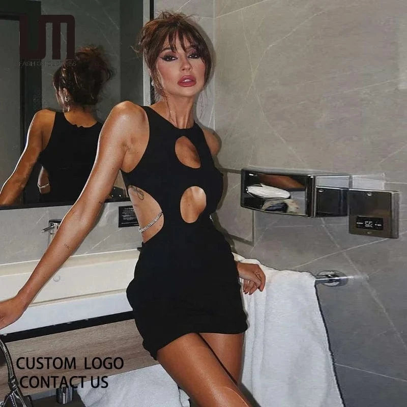 Liu Ming Hot Trending Products 2024 Women Clothes Sexy Cut Out Rhinestone Chain Club Outfits Elegant Boddycon Mini Dress