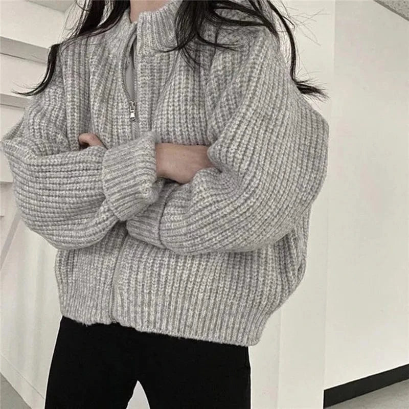 Liu Ming Korean Style Fashion Women Casual Warm Zipper Loose Jacket Coats Knitting Sweater