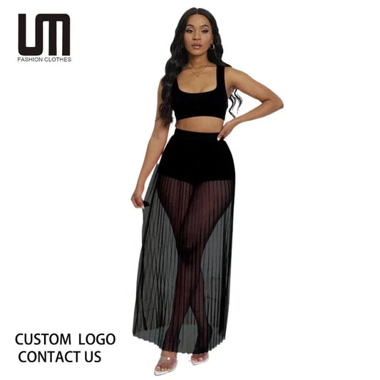 Liu Ming March Expo 2024 Women Summer Beach Sheer Mesh Tank Tops And Shorts Sexy Skirts 3 Piece Set