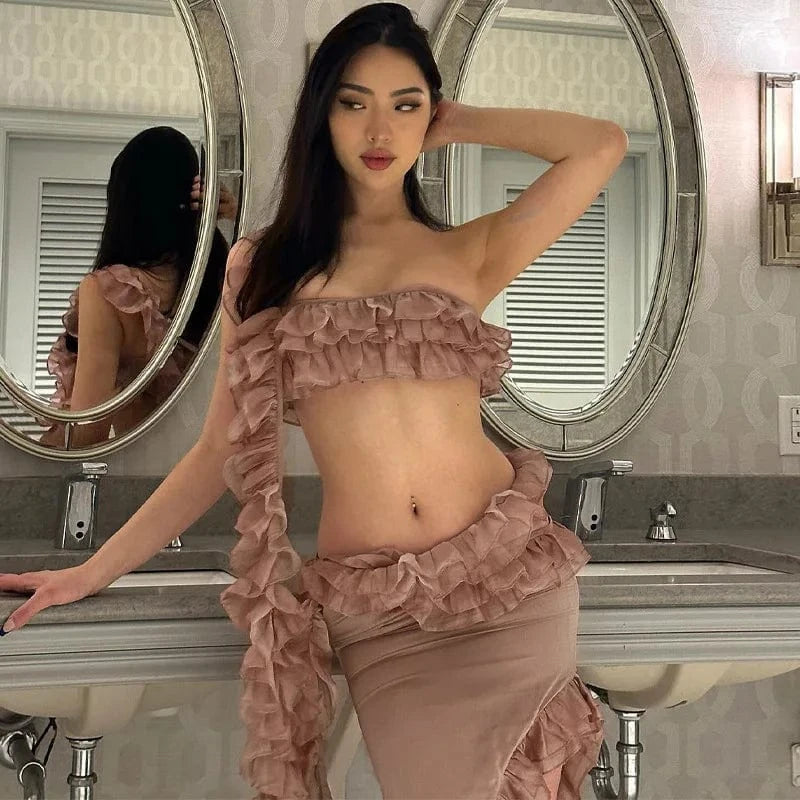 Liu Ming March Expo Products Summer Women Sexy Ruffle Crop Top Irregular Skirt 2 Pcs Matching Set