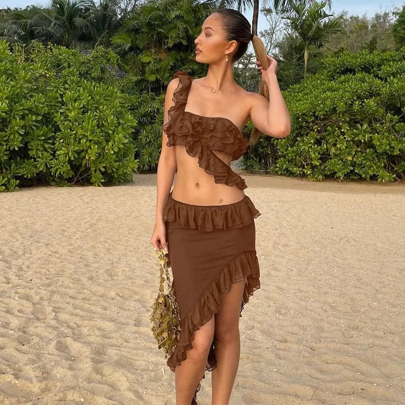 Liu Ming March Expo Products Summer Women Sexy Ruffle Crop Top Irregular Skirt 2 Pcs Matching Set