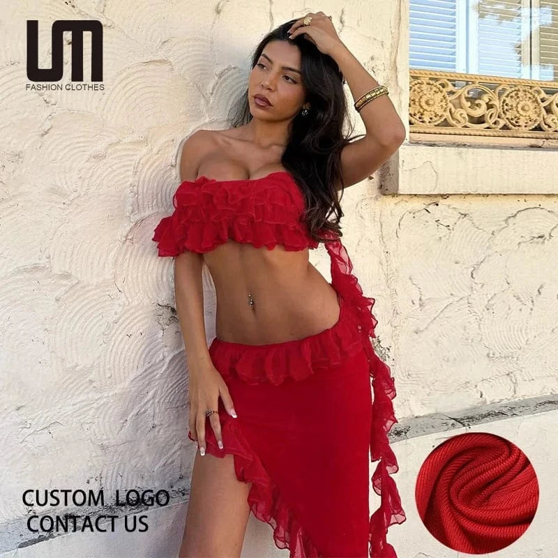 Liu Ming March Expo Products Summer Women Sexy Ruffle Crop Top Irregular Skirt 2 Pcs Matching Set