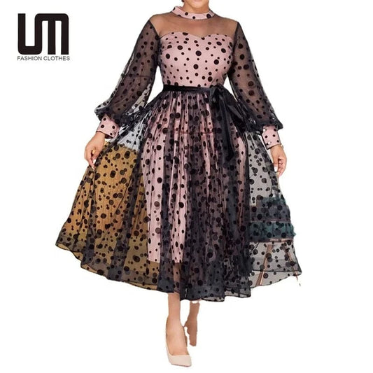 Liu Ming New 2024 Products Autumn Women Sexy Mesh See Through Plus Size A Line Dress