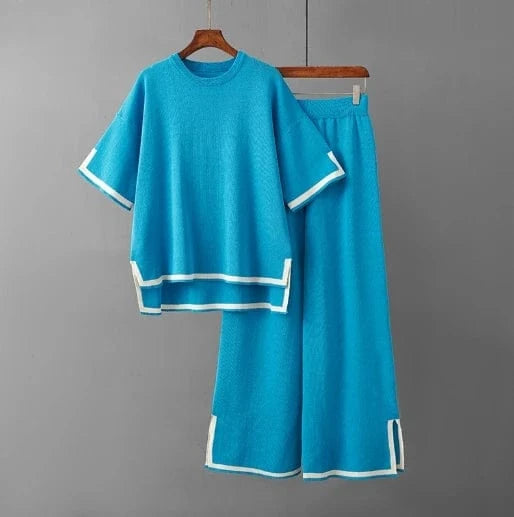 Liu Ming New Arrival 2024 Summer Two Piece Loose T Shirt Women Tracksuit Fashion Knit Casual Short Sleeves Lady Pant Suit