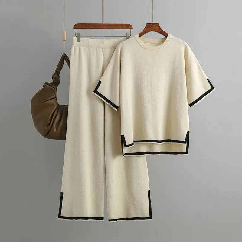 Liu Ming New Arrival 2024 Summer Two Piece Loose T Shirt Women Tracksuit Fashion Knit Casual Short Sleeves Lady Pant Suit