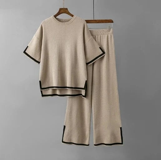 Liu Ming New Arrival 2024 Summer Two Piece Loose T Shirt Women Tracksuit Fashion Knit Casual Short Sleeves Lady Pant Suit