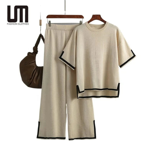 Liu Ming New Arrival 2024 Summer Two Piece Loose T Shirt Women Tracksuit Fashion Knit Casual Short Sleeves Lady Pant Suit
