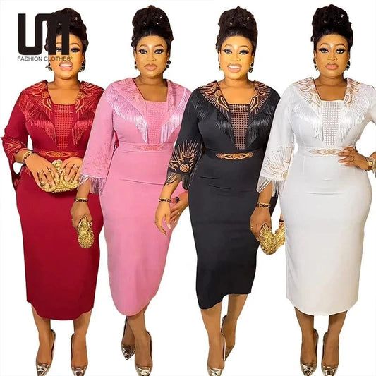 Liu Ming New Arrivals 2024 Elegant African Square Neck Full Sleeve Tassel Belt Waisted Luxury Birthday Party Dresses For Women