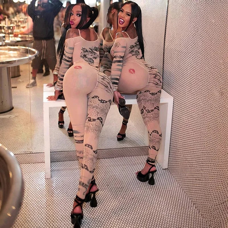 Liu Ming New Arrivals 2024 Fashion Women Sexy Print Mesh Sheer Romper 2 Piece Leggings Club Party Matching Suits