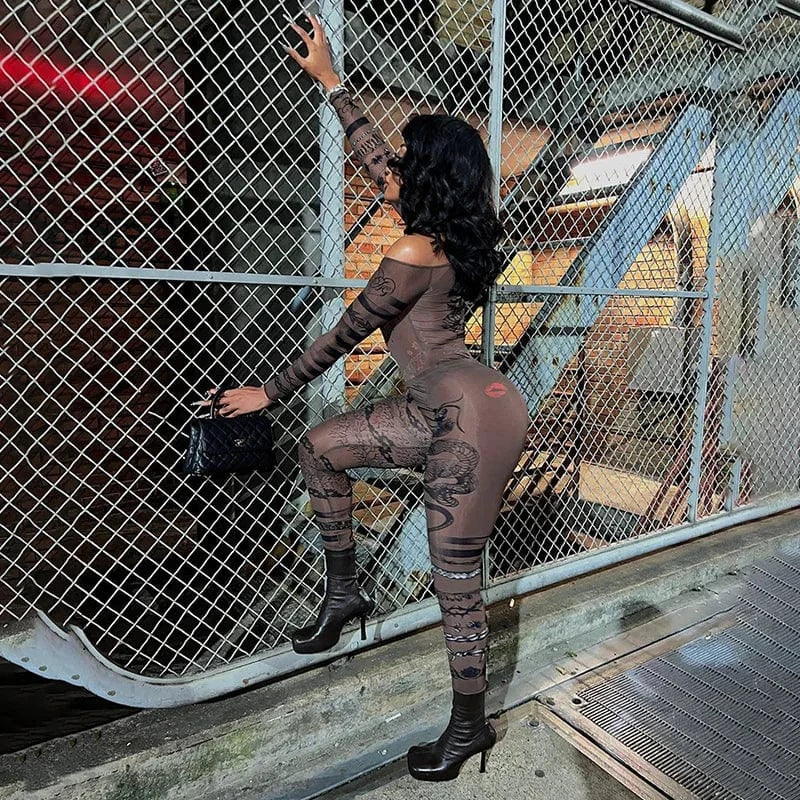 Liu Ming New Arrivals 2024 Fashion Women Sexy Print Mesh Sheer Romper 2 Piece Leggings Club Party Matching Suits