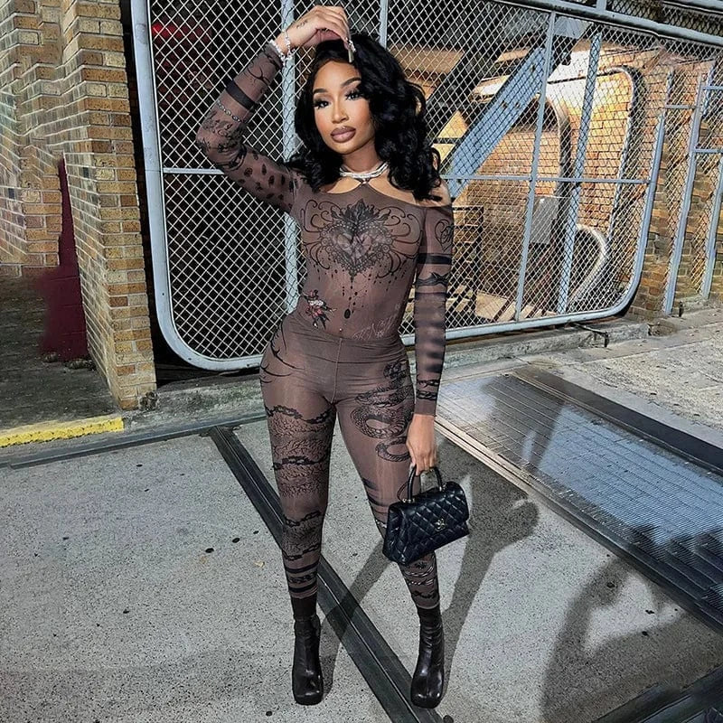 Liu Ming New Arrivals 2024 Fashion Women Sexy Print Mesh Sheer Romper 2 Piece Leggings Club Party Matching Suits