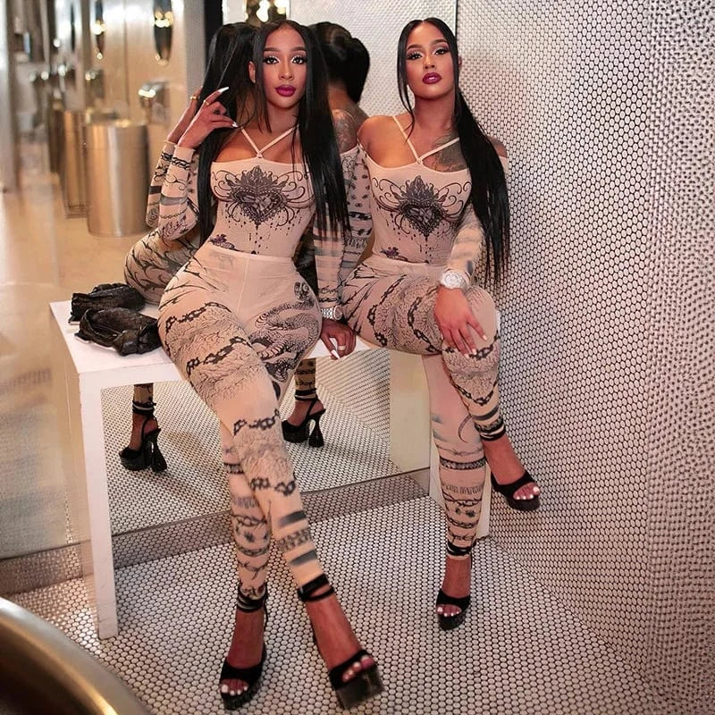 Liu Ming New Arrivals 2024 Fashion Women Sexy Print Mesh Sheer Romper 2 Piece Leggings Club Party Matching Suits