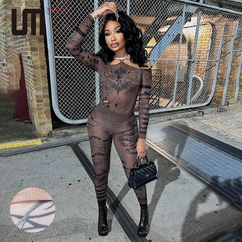 Liu Ming New Arrivals 2024 Fashion Women Sexy Print Mesh Sheer Romper 2 Piece Leggings Club Party Matching Suits