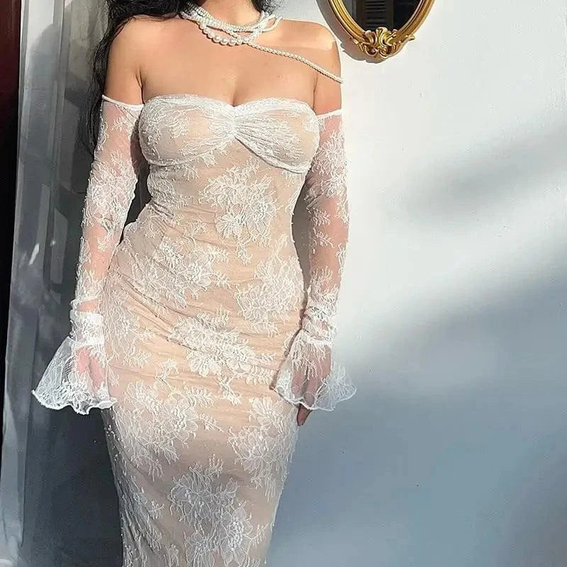 Liu Ming New Arrivals 2024 Spring Sexy Women Long Sleeve Off Shoulder Lace Party Evening Bodycon Dress