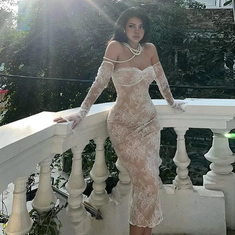 Liu Ming New Arrivals 2024 Spring Sexy Women Long Sleeve Off Shoulder Lace Party Evening Bodycon Dress