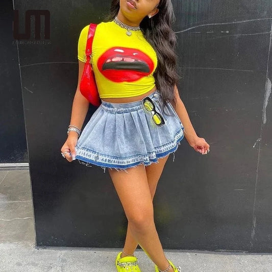 Liu Ming New Arrivals 2024 Trending Women Ruffled Pleated Hot Girl High Waist A Line Denim Short Mini Skirt