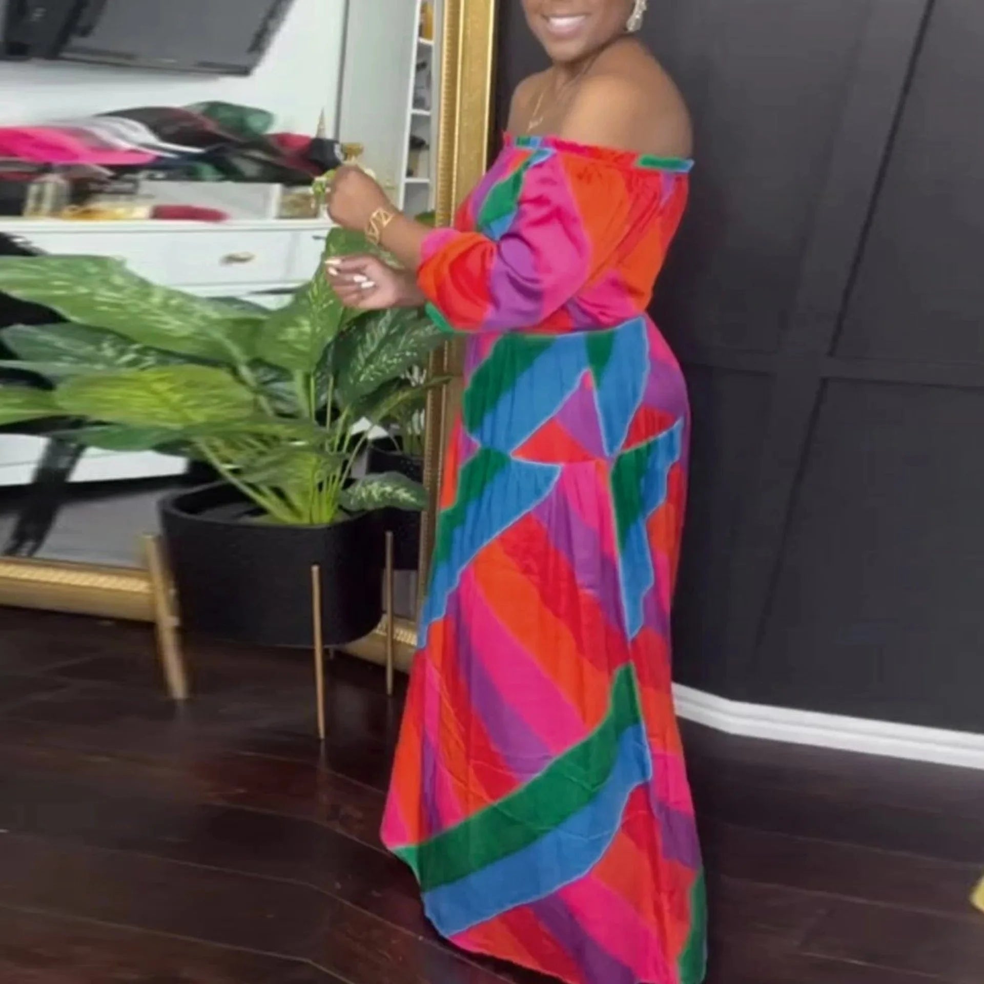 Liu Ming New Arrivals Autumn 2024 Trends Women Sexy Off Shoulder Long Sleeve Printed Maxi Dress