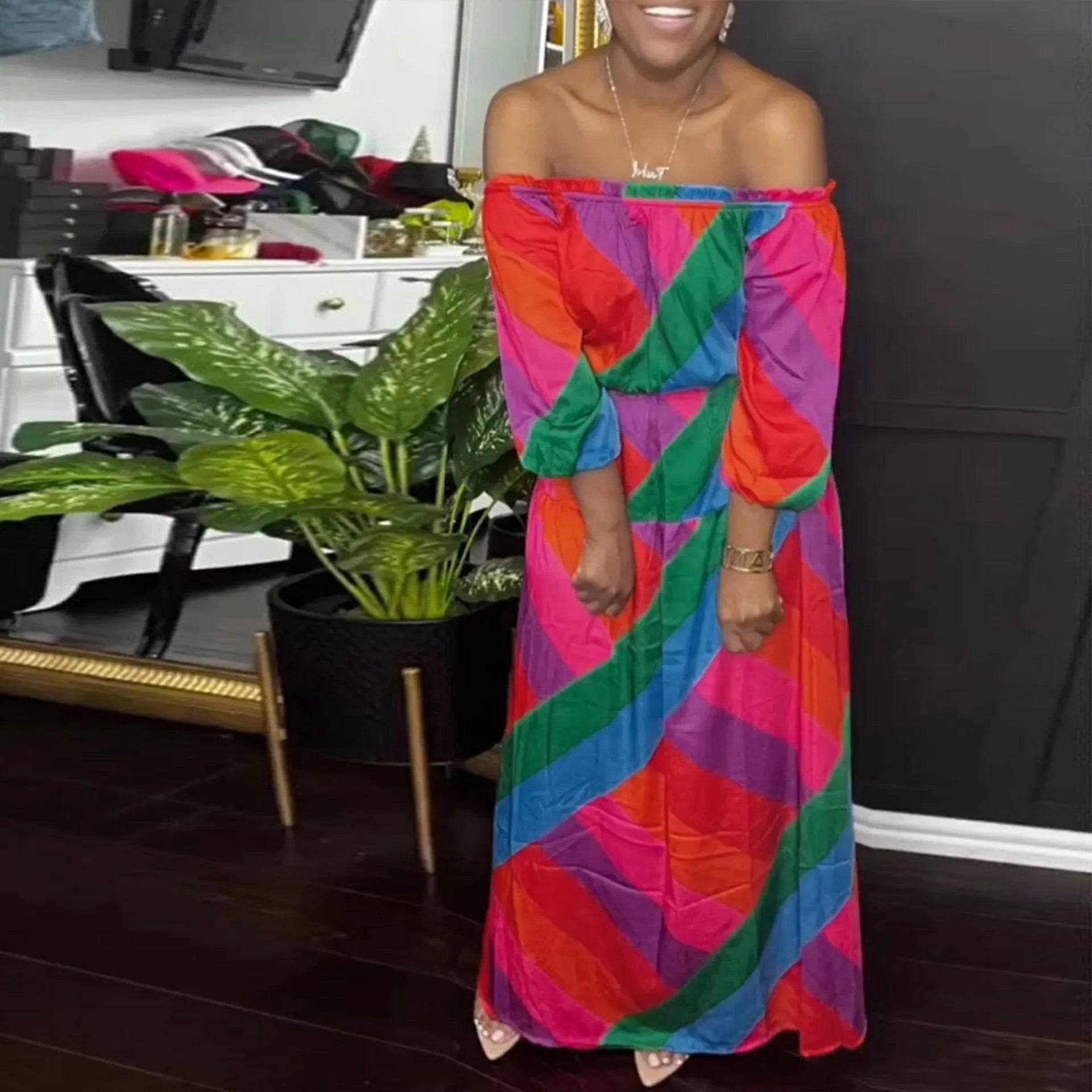 Liu Ming New Arrivals Autumn 2024 Trends Women Sexy Off Shoulder Long Sleeve Printed Maxi Dress