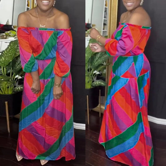 Liu Ming New Arrivals Autumn 2024 Trends Women Sexy Off Shoulder Long Sleeve Printed Maxi Dress