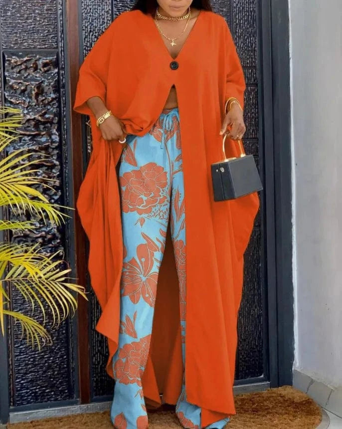 Liu Ming New Arrivals Autumn 2024 Women Casual Printing Loose Long Split Top Wide Leg Pants 2 Piece Suit