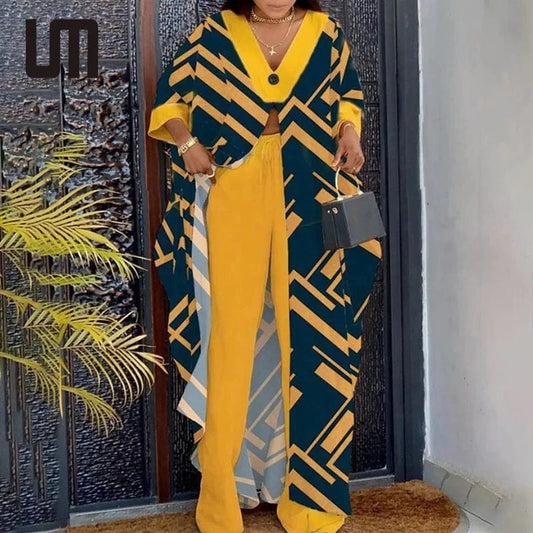 Liu Ming New Arrivals Autumn 2024 Women Casual Printing Loose Long Split Top Wide Leg Pants 2 Piece Suit