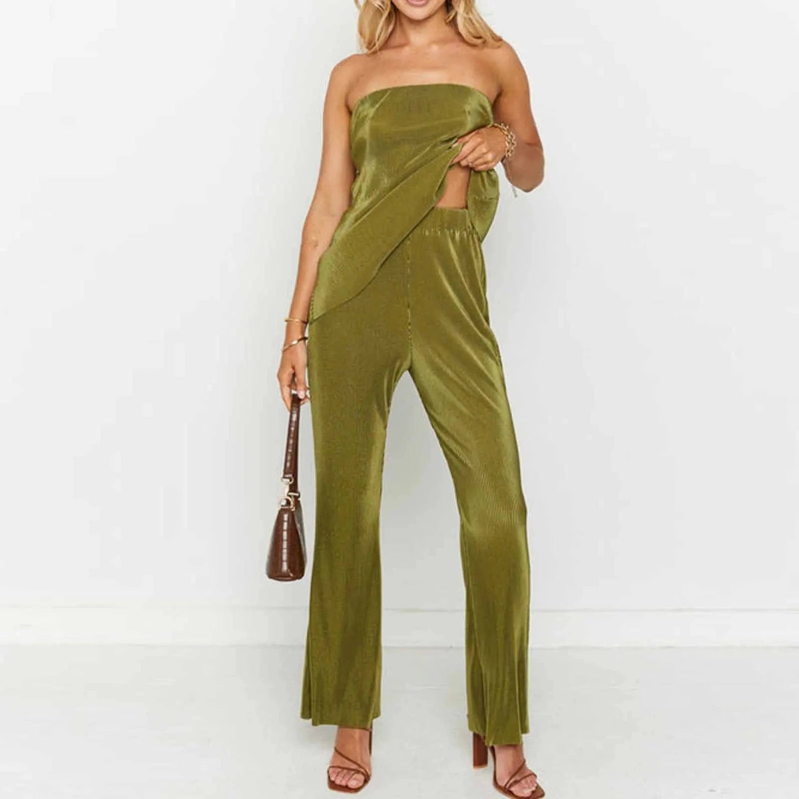 Liu Ming New Arrivals Products Women Summer Sexy Tube Top Solid Color Two Piece Elegant Long Trousers Set