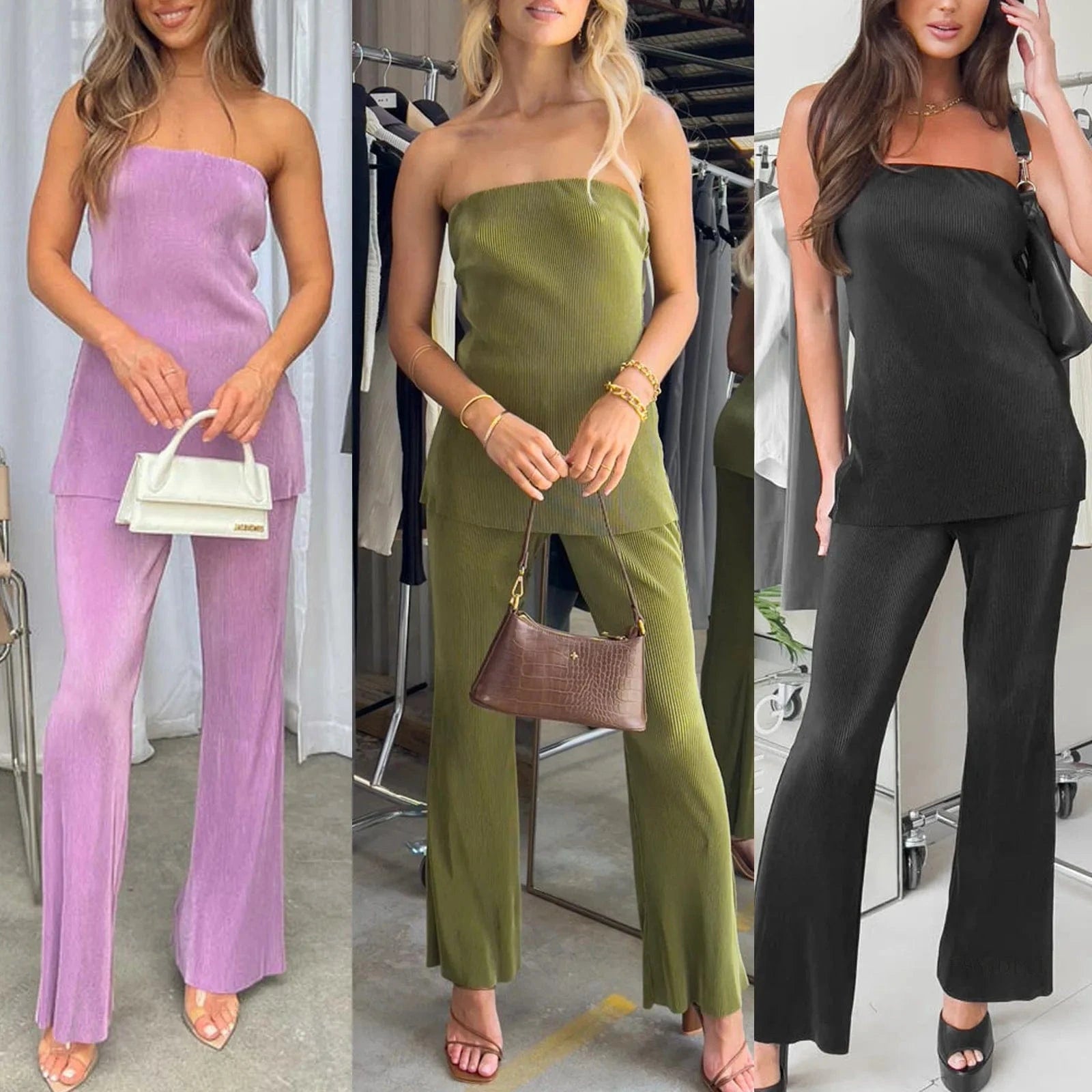 Liu Ming New Arrivals Products Women Summer Sexy Tube Top Solid Color Two Piece Elegant Long Trousers Set
