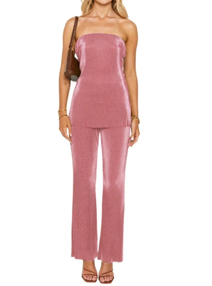 Liu Ming New Arrivals Products Women Summer Sexy Tube Top Solid Color Two Piece Elegant Long Trousers Set