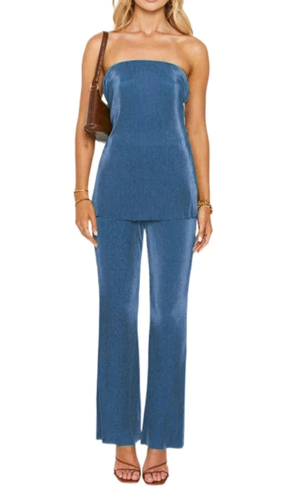 Liu Ming New Arrivals Products Women Summer Sexy Tube Top Solid Color Two Piece Elegant Long Trousers Set