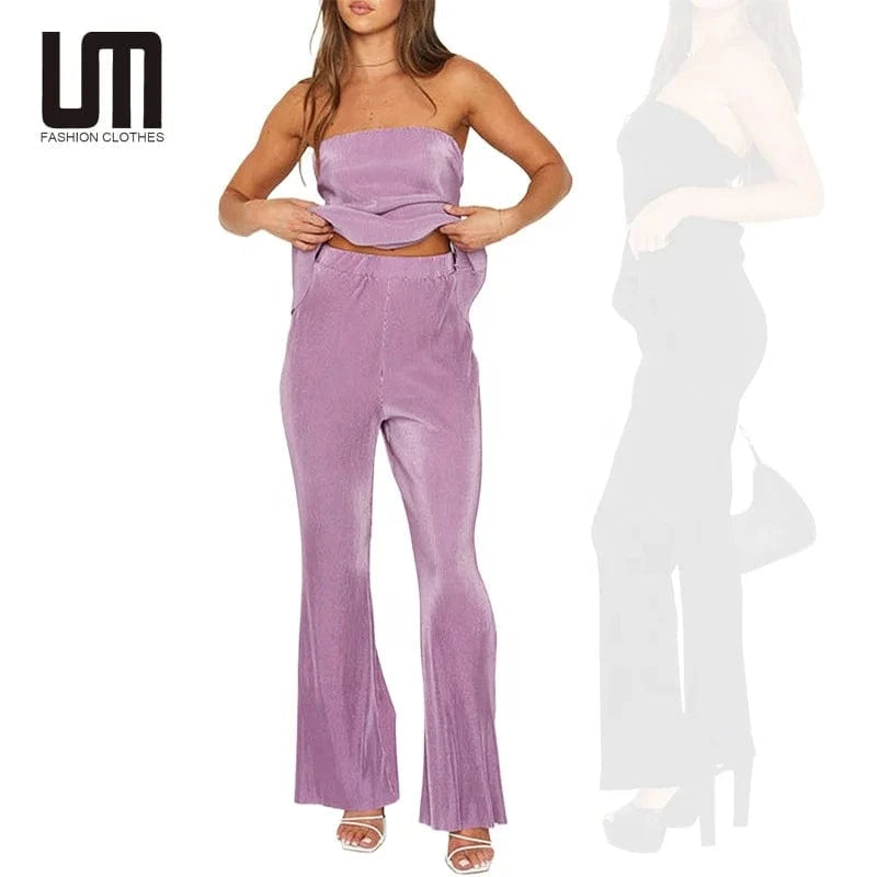 Liu Ming New Arrivals Products Women Summer Sexy Tube Top Solid Color Two Piece Elegant Long Trousers Set