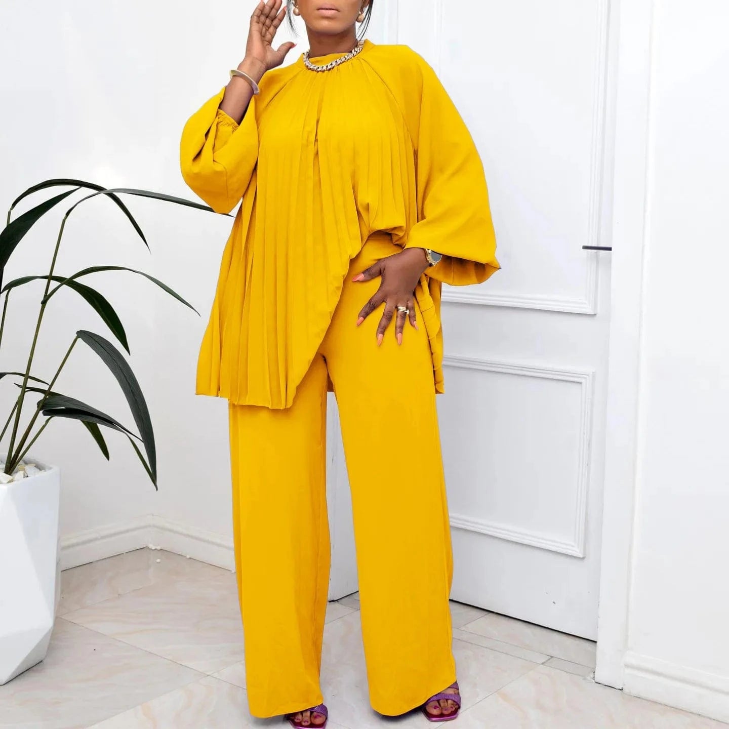 Liu Ming New Design Fall Women Suit Solid Color Long Sleeve Tops Straight Pants Loose Two Piece Set