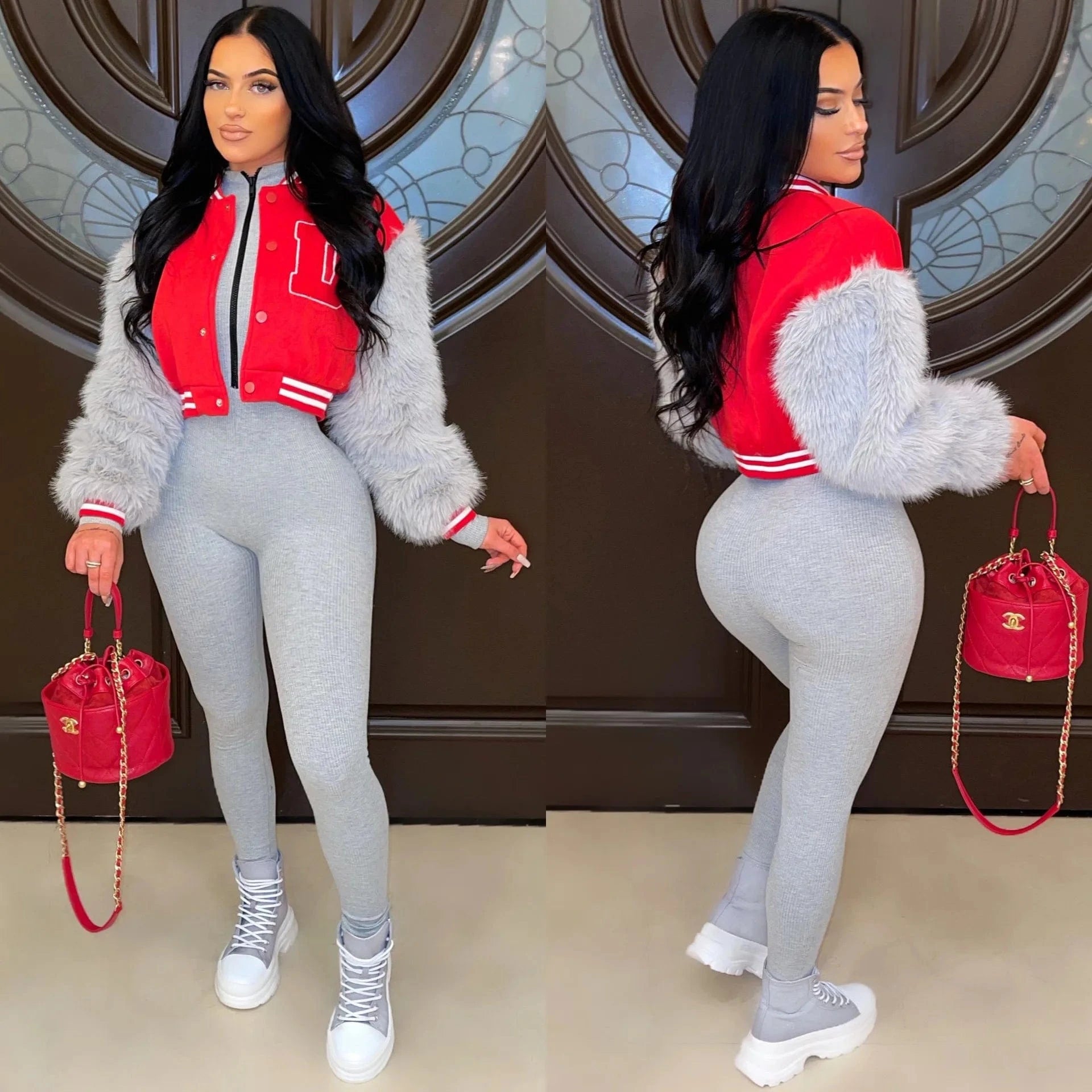 Liu Ming New Fashion Women Casual Patchwork Furry Sleeve Sportswear Baseball Winter Jackets Coats