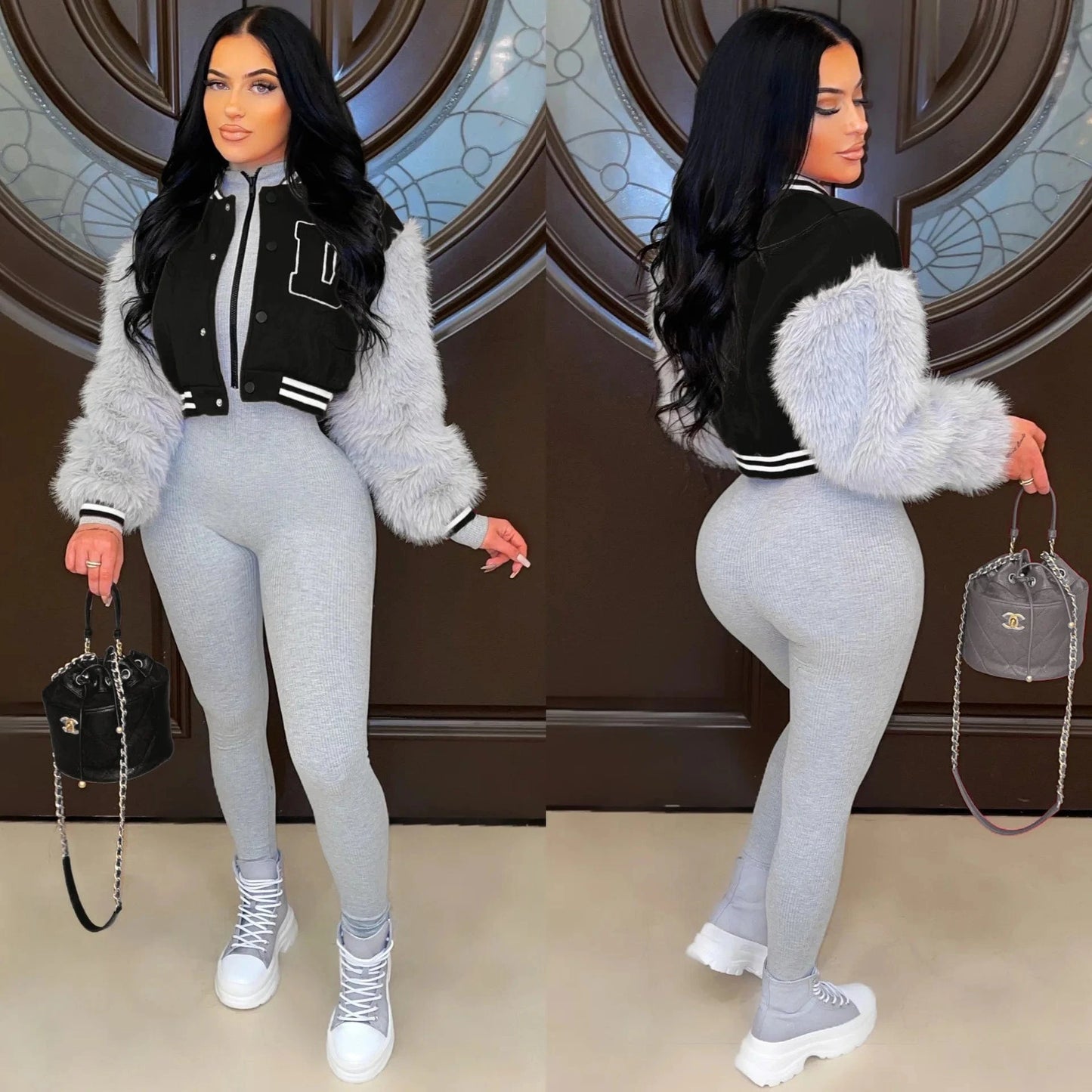 Liu Ming New Fashion Women Casual Patchwork Furry Sleeve Sportswear Baseball Winter Jackets Coats