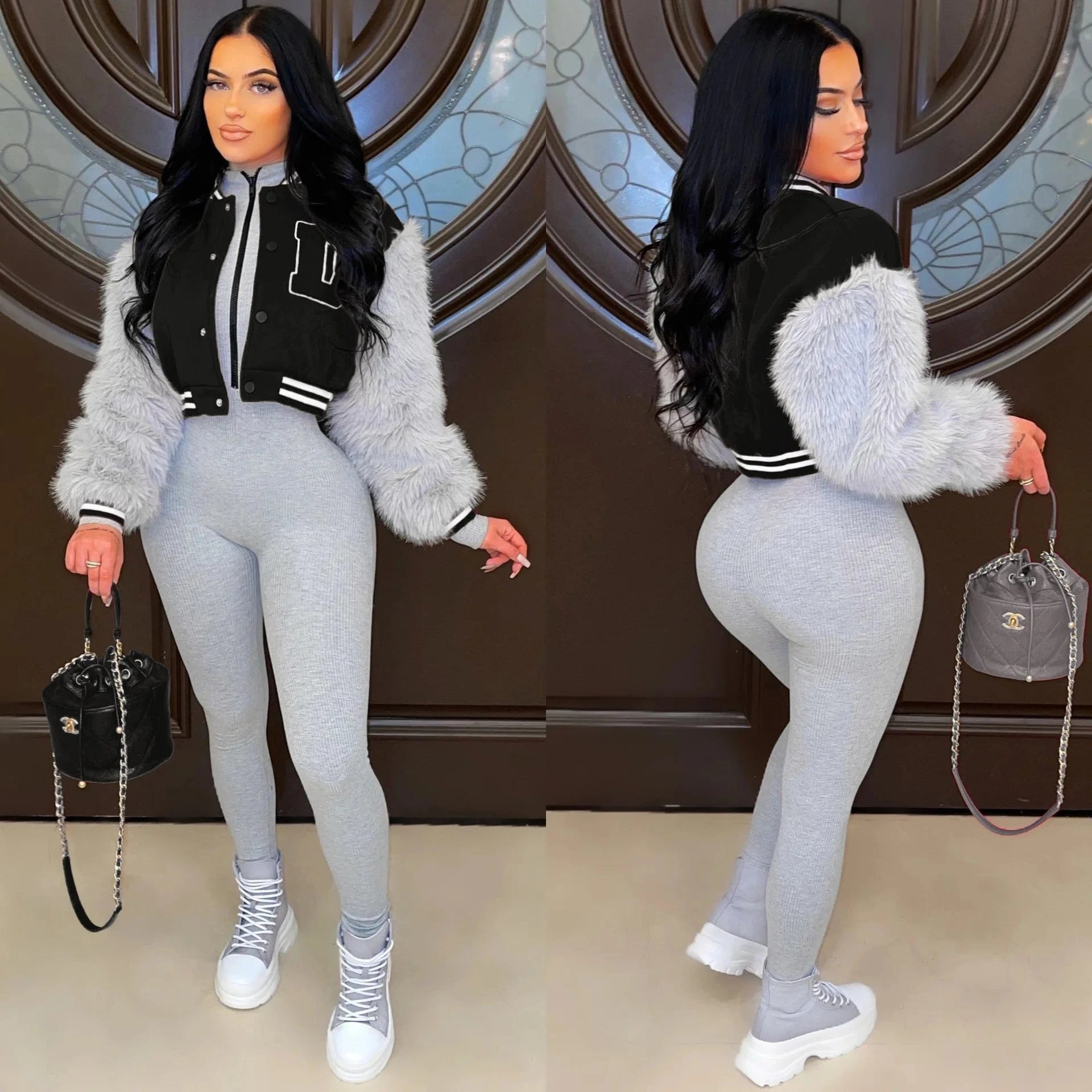 Liu Ming New Fashion Women Casual Patchwork Furry Sleeve Sportswear Baseball Winter Jackets Coats