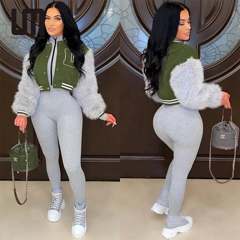 Liu Ming New Fashion Women Casual Patchwork Furry Sleeve Sportswear Baseball Winter Jackets Coats