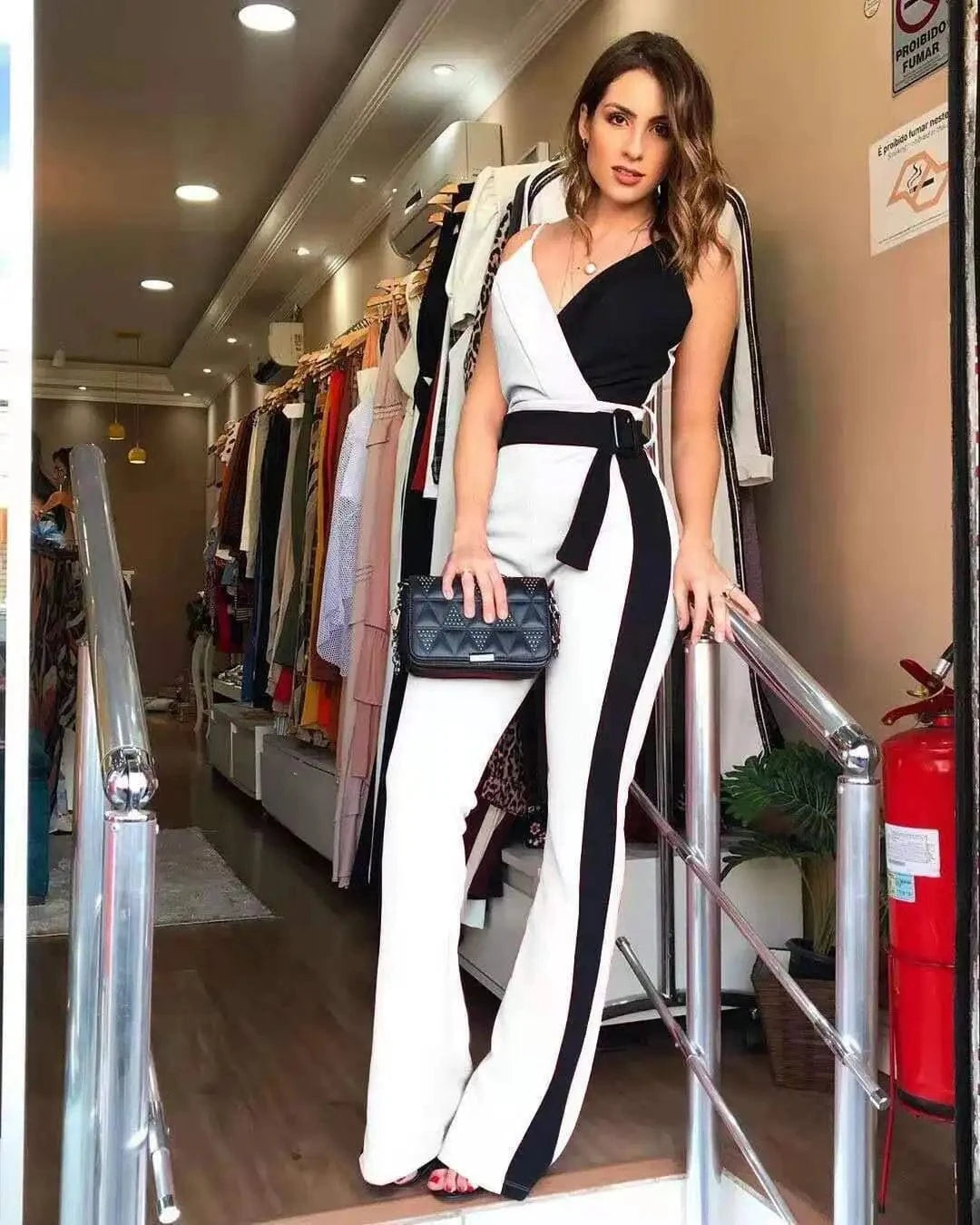 Liu Ming New Product 2024 Women Fashion V Neck Sleeveless Patchwork Color Wide Leg Pants Rompers Jumpsuit