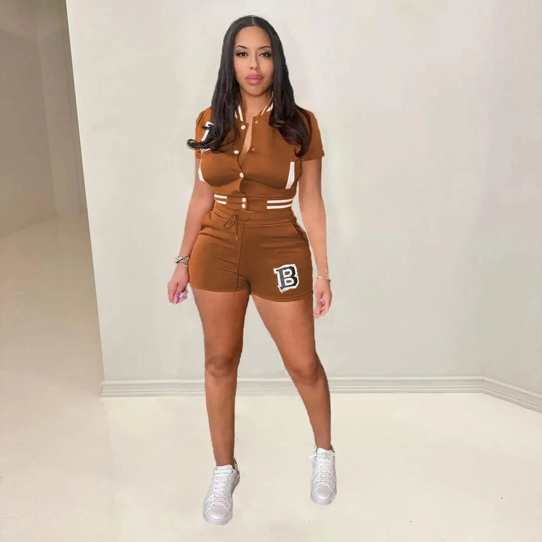 Liu Ming New Product Streetwear Women Casual Letter Outfits Crop Tops Biker Shorts Set