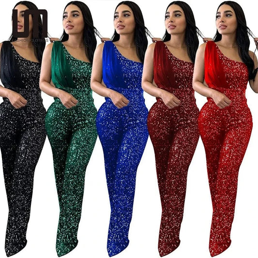 Liu Ming New Products 2024 Women Elegant One Shoulder Skinny Pants Luxury Sparkly Evening Party Sequin Jumpsuit