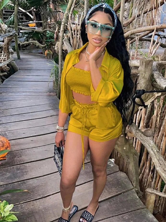 Liu Ming New Trending Women 3 Piece Tracksuit Set Long Sleeve Crop Tops Pants Short Set