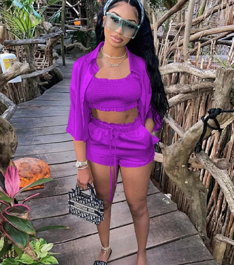 Liu Ming New Trending Women 3 Piece Tracksuit Set Long Sleeve Crop Tops Pants Short Set