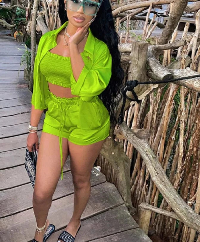 Liu Ming New Trending Women 3 Piece Tracksuit Set Long Sleeve Crop Tops Pants Short Set