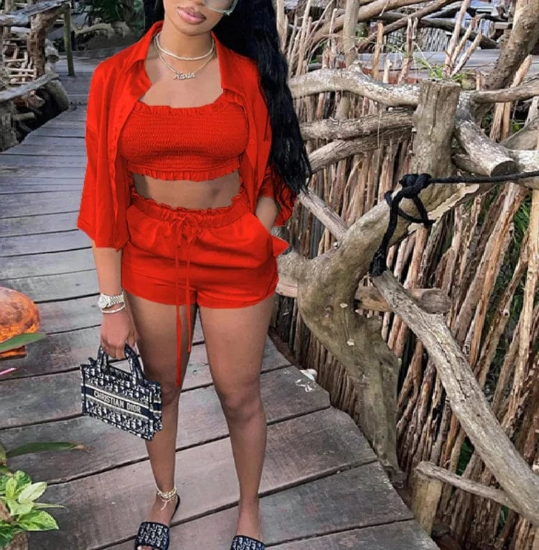 Liu Ming New Trending Women 3 Piece Tracksuit Set Long Sleeve Crop Tops Pants Short Set