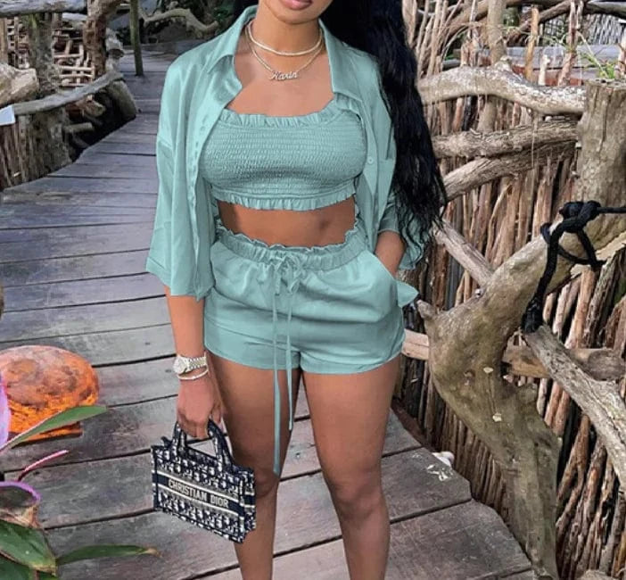 Liu Ming New Trending Women 3 Piece Tracksuit Set Long Sleeve Crop Tops Pants Short Set