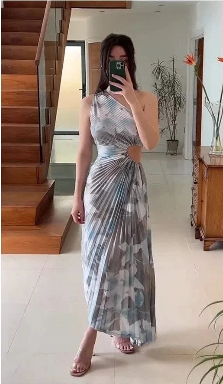 Liu Ming New Wholesale 2024 Trending Spring Elegant Women Sexy One Shoulder Floral Print Pleated Maxi Dress