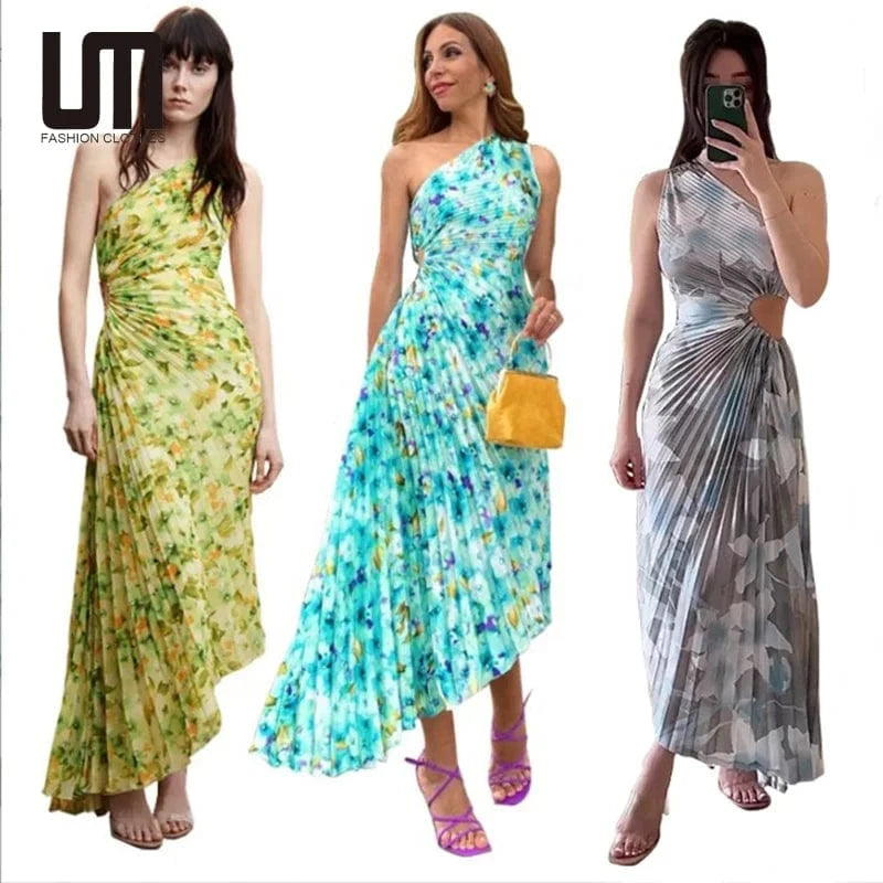 Liu Ming New Wholesale 2024 Trending Spring Elegant Women Sexy One Shoulder Floral Print Pleated Maxi Dress