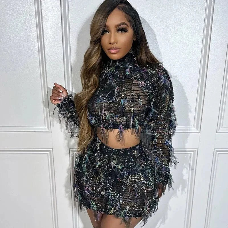 Liu Ming New Wholesale Y2K 2024 Women Sexy Two Pieces Sets Tassels Long Sleeve Short Tops Mini Hip Skirt Suit