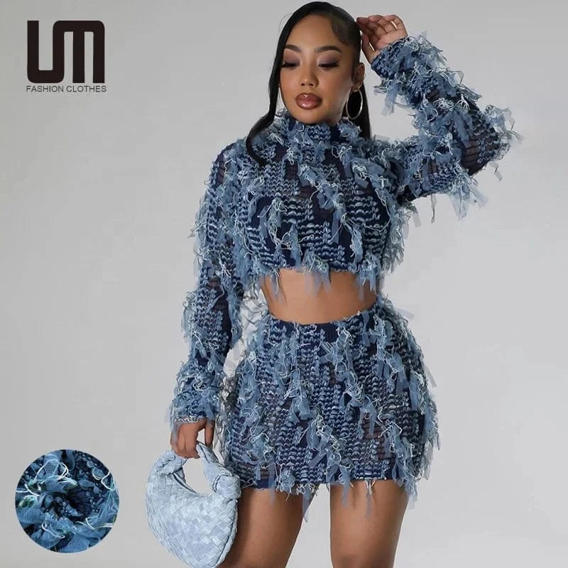 Liu Ming New Wholesale Y2K 2024 Women Sexy Two Pieces Sets Tassels Long Sleeve Short Tops Mini Hip Skirt Suit